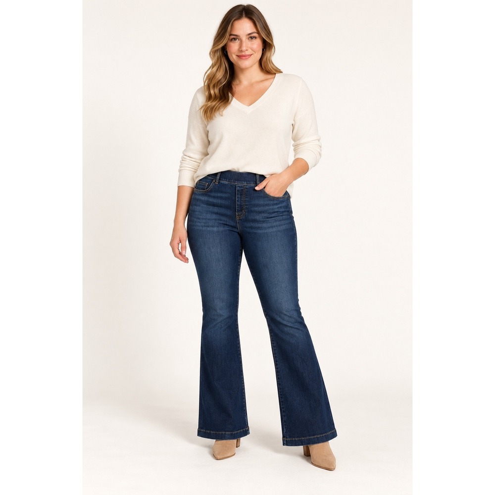 SPANX Flare Jeans Women's Large Petite Dark Wash Pull On Stretch Denim